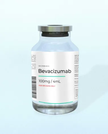 A closeup of a medicine bottle that reads "Bevacizumab 100mg / 4ml"