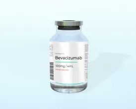 A closeup of a medicine bottle that reads "Bevacizumab 100mg / 4ml"