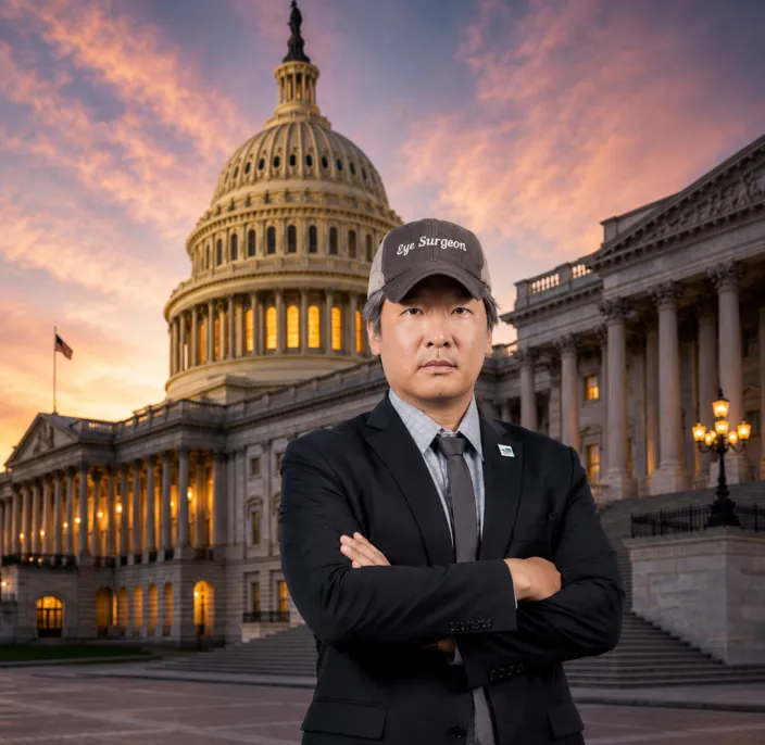 An ophthalmologist eye surgeon stands outside the United States Capitol Building in Washington, D.C.